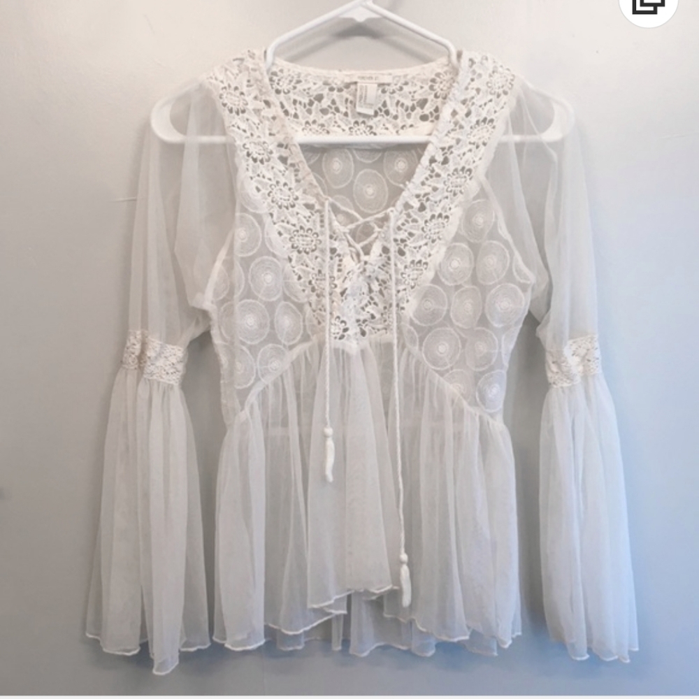 White Sheer Crochet Bell Sleeve Retro Top- Size M